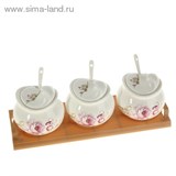 Набор банок для сыпучих продуктов 300 мл с ложками &amp;quot;Садовые пионы&amp;quot; на подставке, 3 шт.
