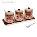 Набор банок для сыпучих продуктов 300 мл с ложками &amp;quot;Весенние пионы&amp;quot;, 3 шт. на подставке