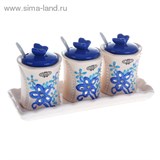 Набор банок для сыпучих продуктов 350 мл с ложками &amp;quot;Маэстро&amp;quot; на подставке, 3 шт, синий