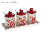 Набор банок для сыпучих продуктов 350 мл с ложками &amp;quot;Маэстро&amp;quot; на подставке, 3 шт, красный